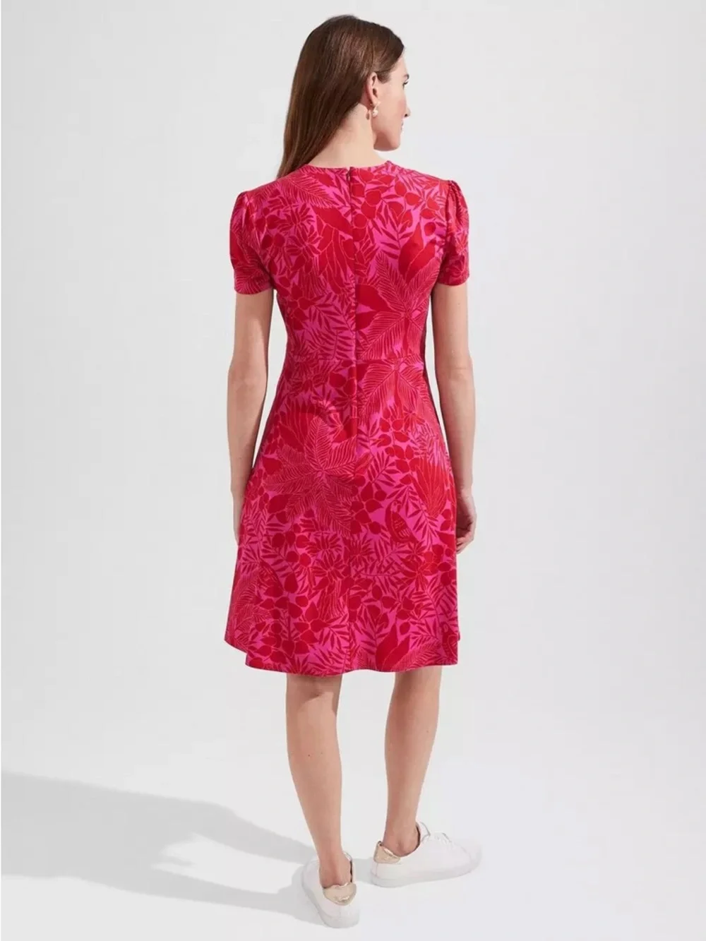 Hobbs Ann Floral Bird Jersey Dress Red Pink Short Sleeve Fit & Flare Size 12 - Picture 4 of 13